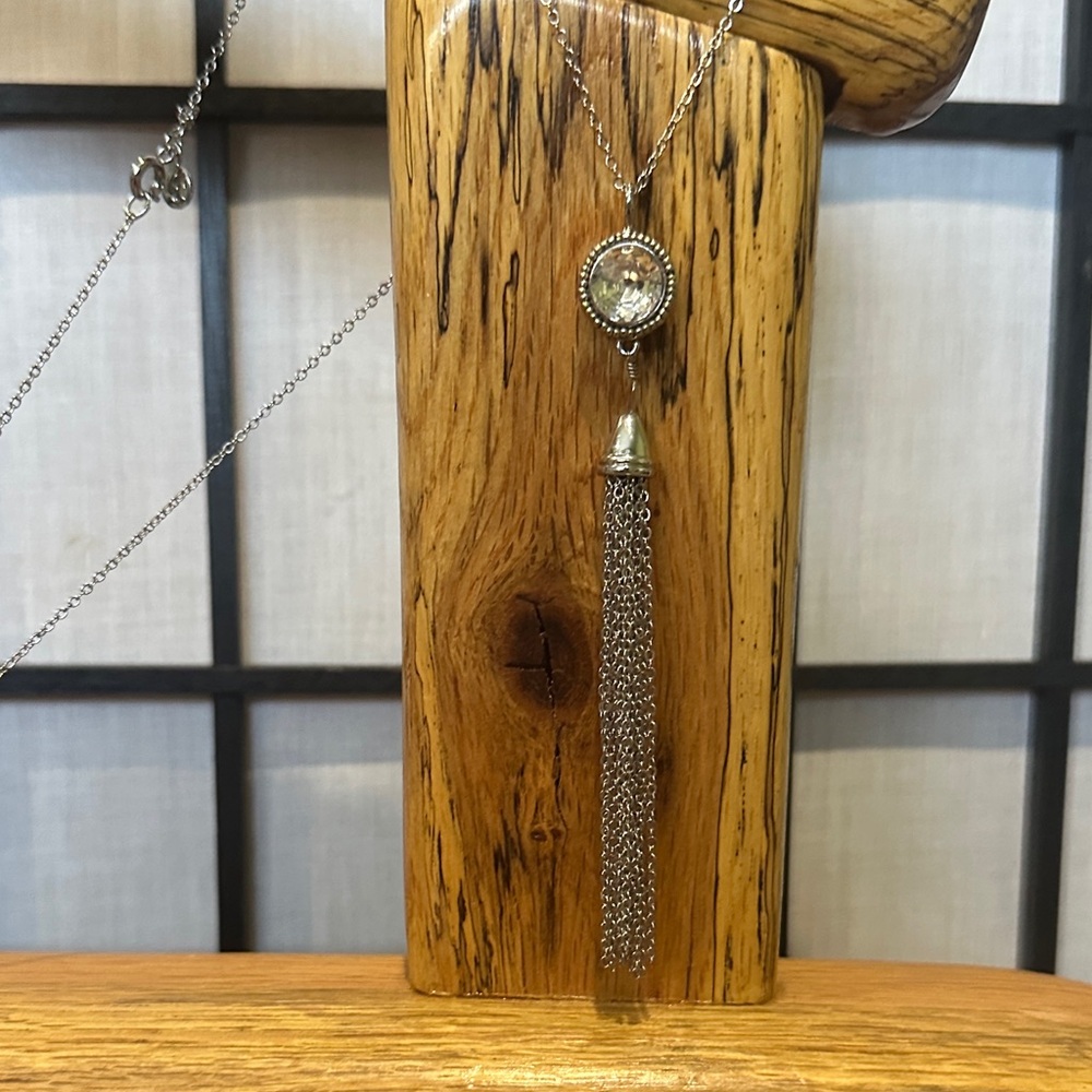 J. Crew Silver Crystal Delicate Pendant Necklace with 4” Tassel 16” drop